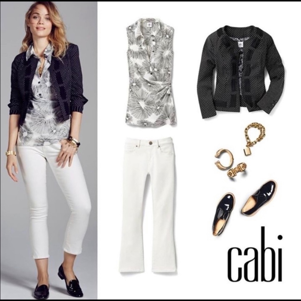 CAbi 5228 White Black Sleeveless Faux Wrap